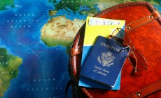 Suitcase, passport and map