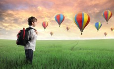 Boy standing in field with hot air balloons