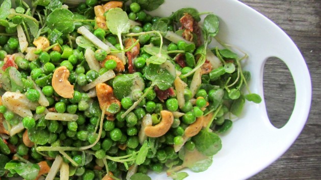 Sweet Baby Pea Salad with Cashews and Bacon