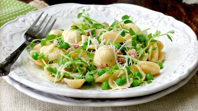 Spring Peas and Shoots with Pancetta and Orechiette
