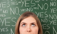 Thinking woman deciding on yes or no