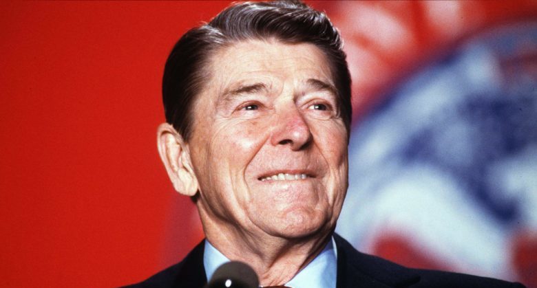 President Ronald Reagan is all smiles during a speech on January 27, 1988. ( Carol Powers / The Washington Times )