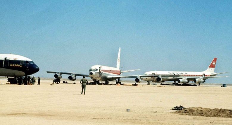 War and Conflict, Terrorism, pic: September 1970, Dawson's Field, Jordan, The three highjacked jet airliners hijacked by Palestinian militants and later blown up at the former RAF,desert airstrip, The Arab guerillas had held a Swissair DC8, a BOAC VC10, and a TWA 707 which had been flown to the remote airfield (Photo by Rolls Press/Popperfoto/Getty Images)