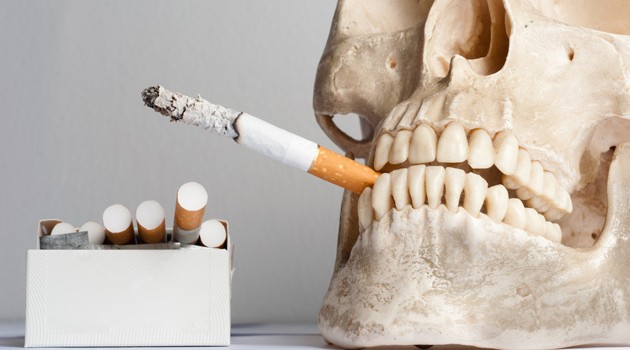 Human skull with cigarettes