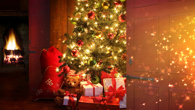 Christmas tree with fireplace in background